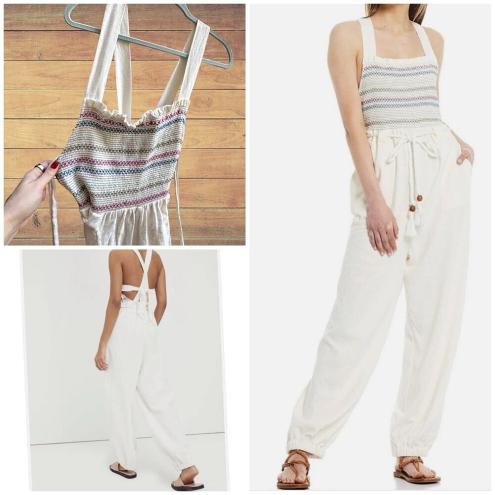 Free People Sienna Smocked Linen Jumpsuit, Large